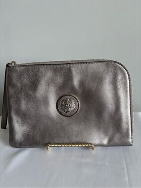 Versus Versace Metallic Silver Leather Zip Pouch with Lion Head Medallion